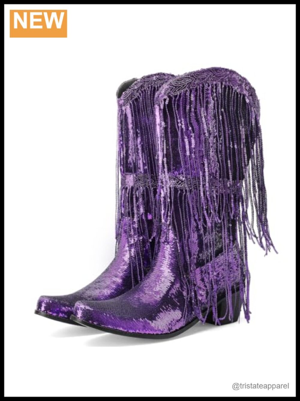 Glittery Fringe Cowboy Boots Sparkly Tassel Mid Calf Western Boots